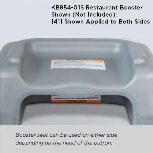 1411 - WARNING LABEL for KB854/KB855 Restaurant Booster, KB116/KB117 Booster Buddy, and KB327 Booster Chair