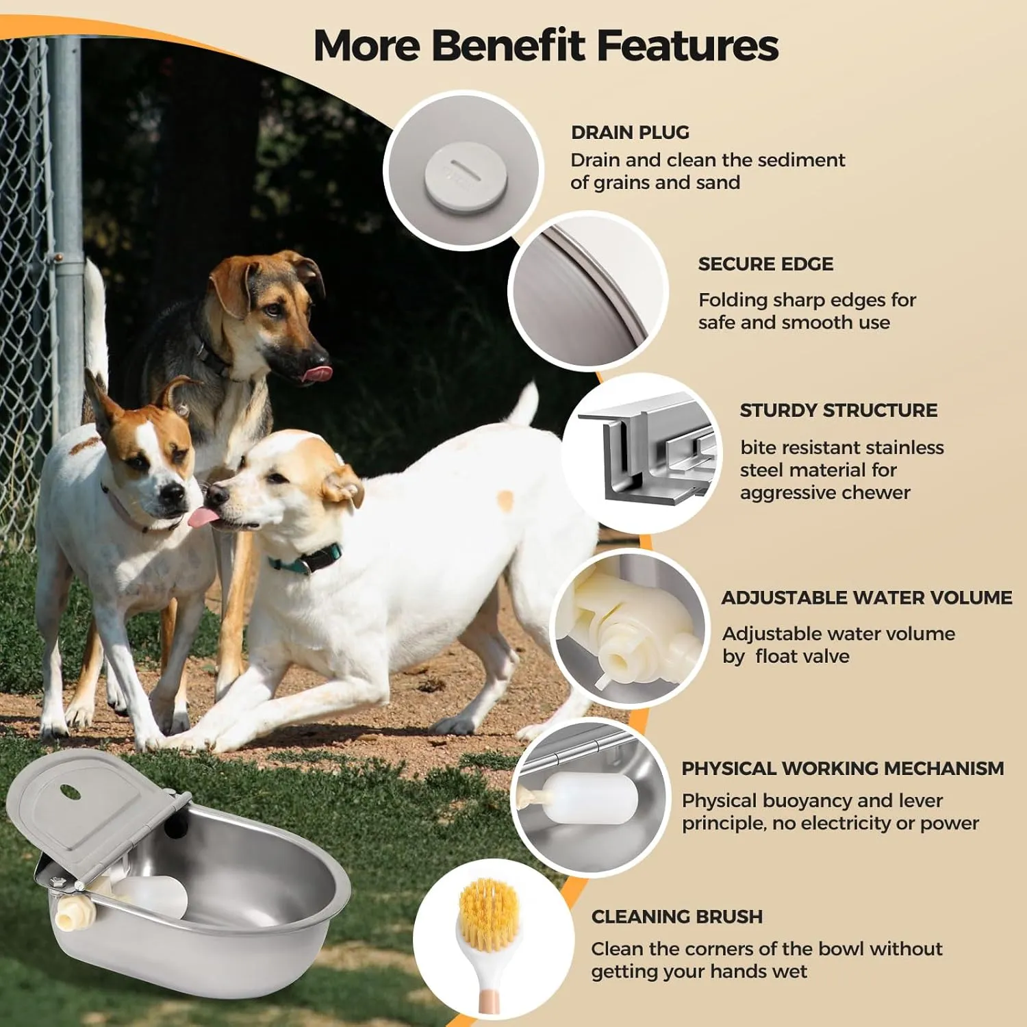 BinetGo Outdoor Automatic Water Dispenser for Dogs, Stainless Steel Bite Resistant Automatic Dog Water Bowl with Drain Plug, Outside Auto Refillable Water Bowl with Float for Goat Livestock