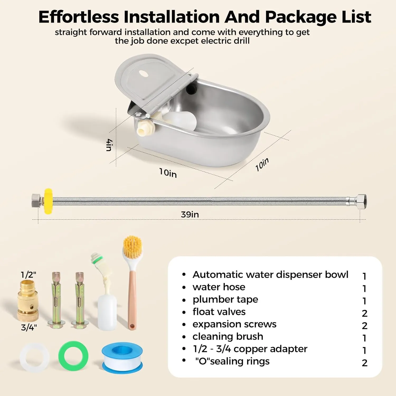 BinetGo Outdoor Automatic Water Dispenser for Dogs, Stainless Steel Bite Resistant Automatic Dog Water Bowl with Drain Plug, Outside Auto Refillable Water Bowl with Float for Goat Livestock