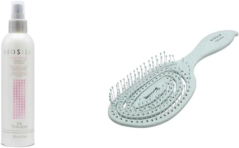 BioSilk for Dogs Detangling Bundle | 8 Fl Oz Detangling & Shine Mist and Ergonomic Eco-Friendly Brush | Grooming Essentials for Dogs | Sulfate & Paraben Free