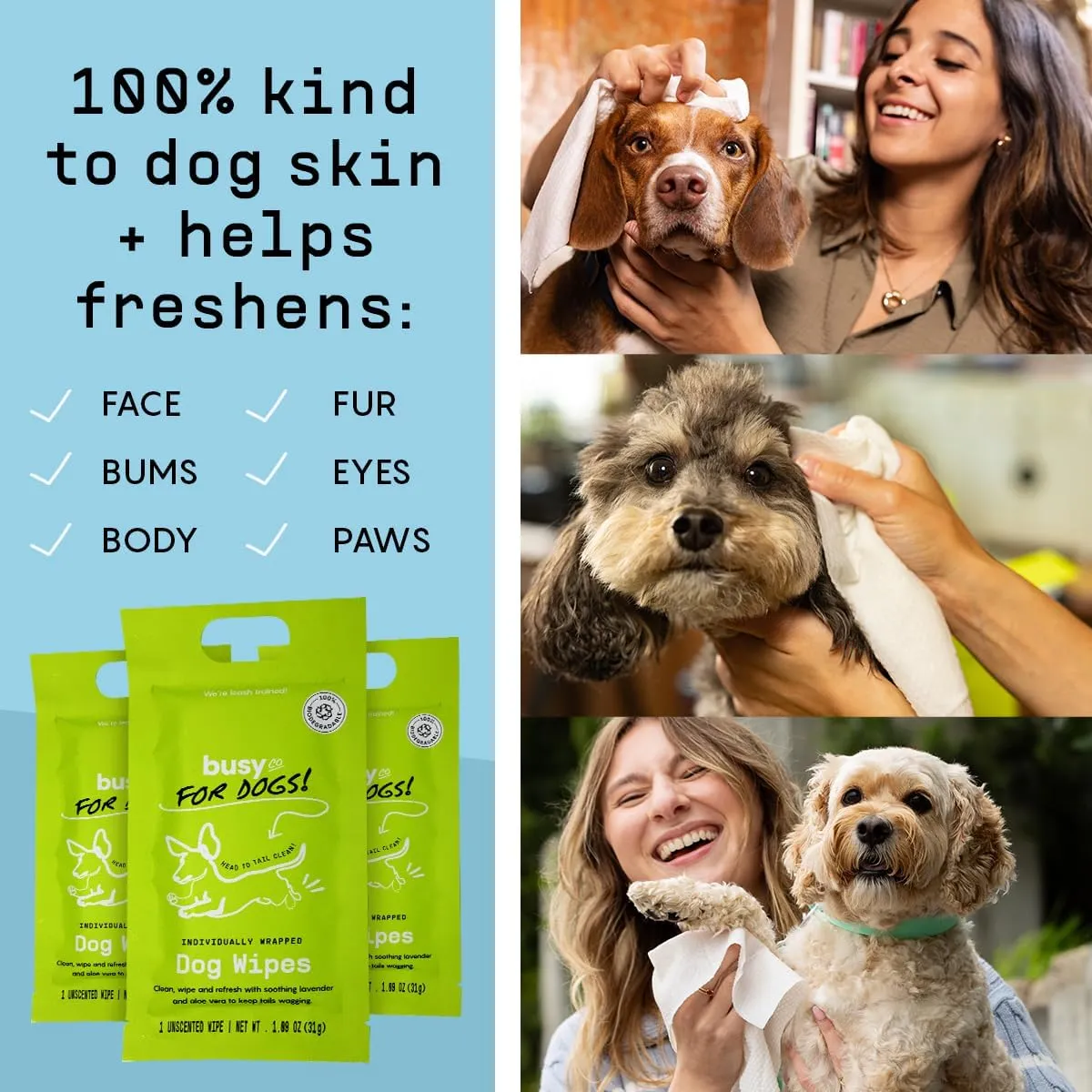 Busy Co. - Hypoallergenic Dog Wipes, Cleaning and Odor Control Grooming Wipes for Paws, Body, and Butt, Perfect for Puppy and Adult Dogs, Individually Wrapped, Unscented (Unscented, 20 Grooming Wipes)