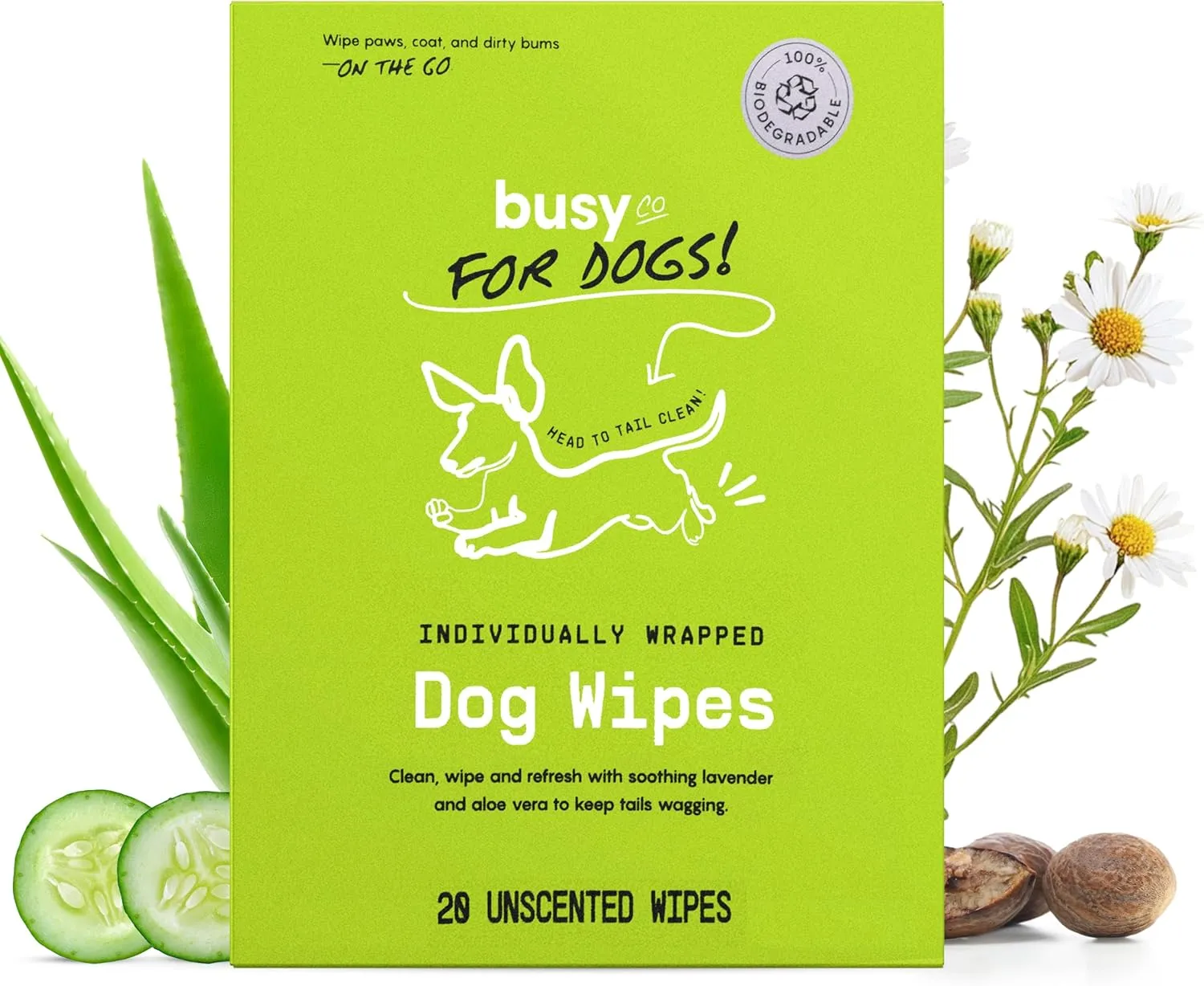 Busy Co. - Hypoallergenic Dog Wipes, Cleaning and Odor Control Grooming Wipes for Paws, Body, and Butt, Perfect for Puppy and Adult Dogs, Individually Wrapped, Unscented (Unscented, 20 Grooming Wipes)