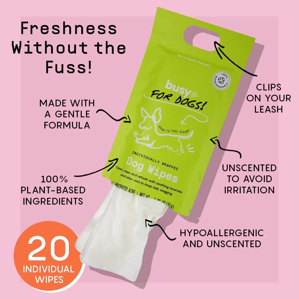 Busy Co. - Hypoallergenic Dog Wipes, Cleaning and Odor Control Grooming Wipes for Paws, Body, and Butt, Perfect for Puppy and Adult Dogs, Individually Wrapped, Unscented (Unscented, 20 Grooming Wipes)