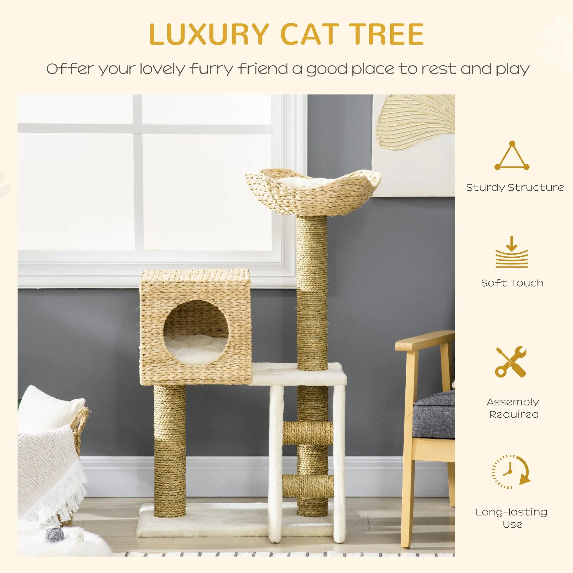 Cat Tower with Scratching Posts, Cat House, 100.5cm - Natural