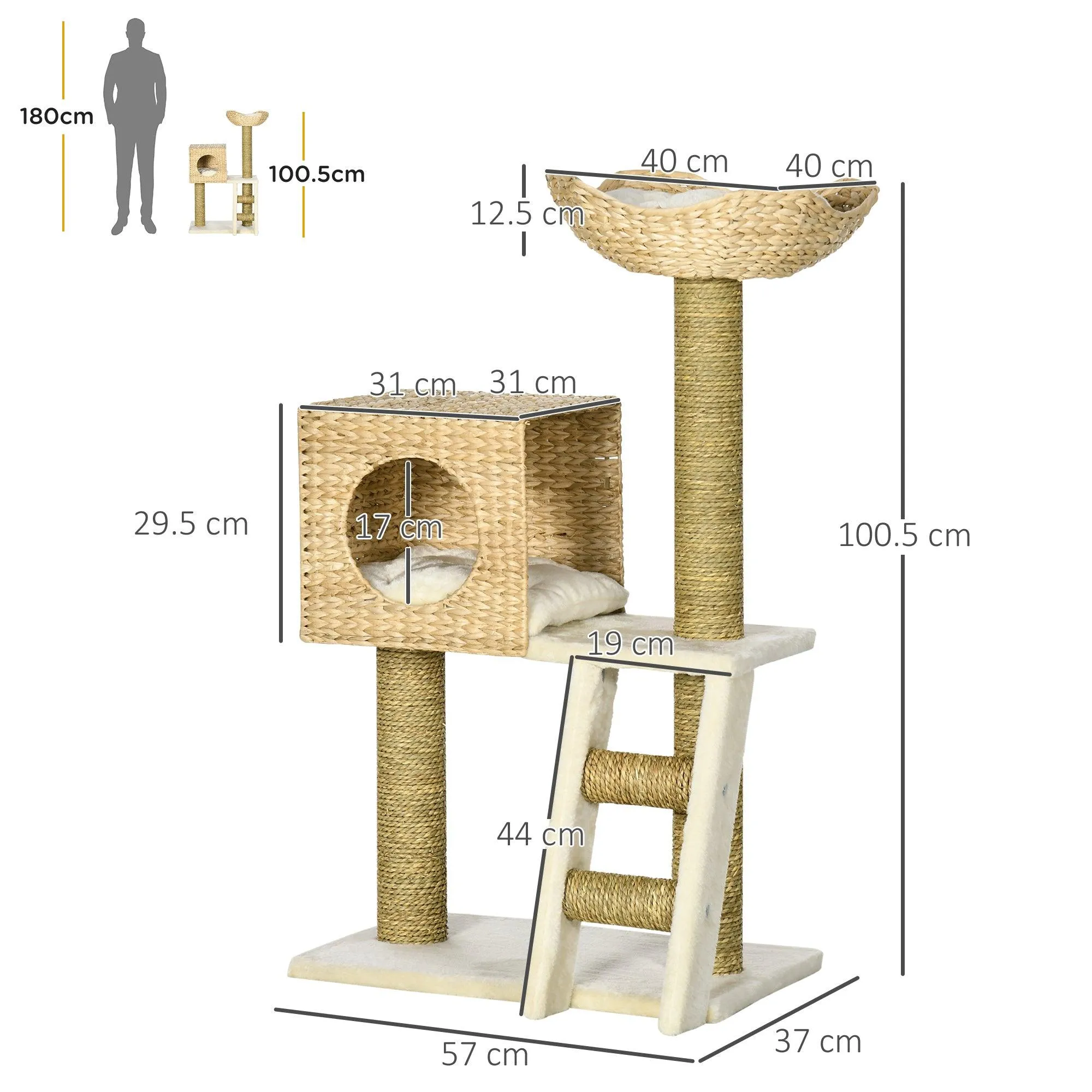 Cat Tower with Scratching Posts, Cat House, 100.5cm - Natural