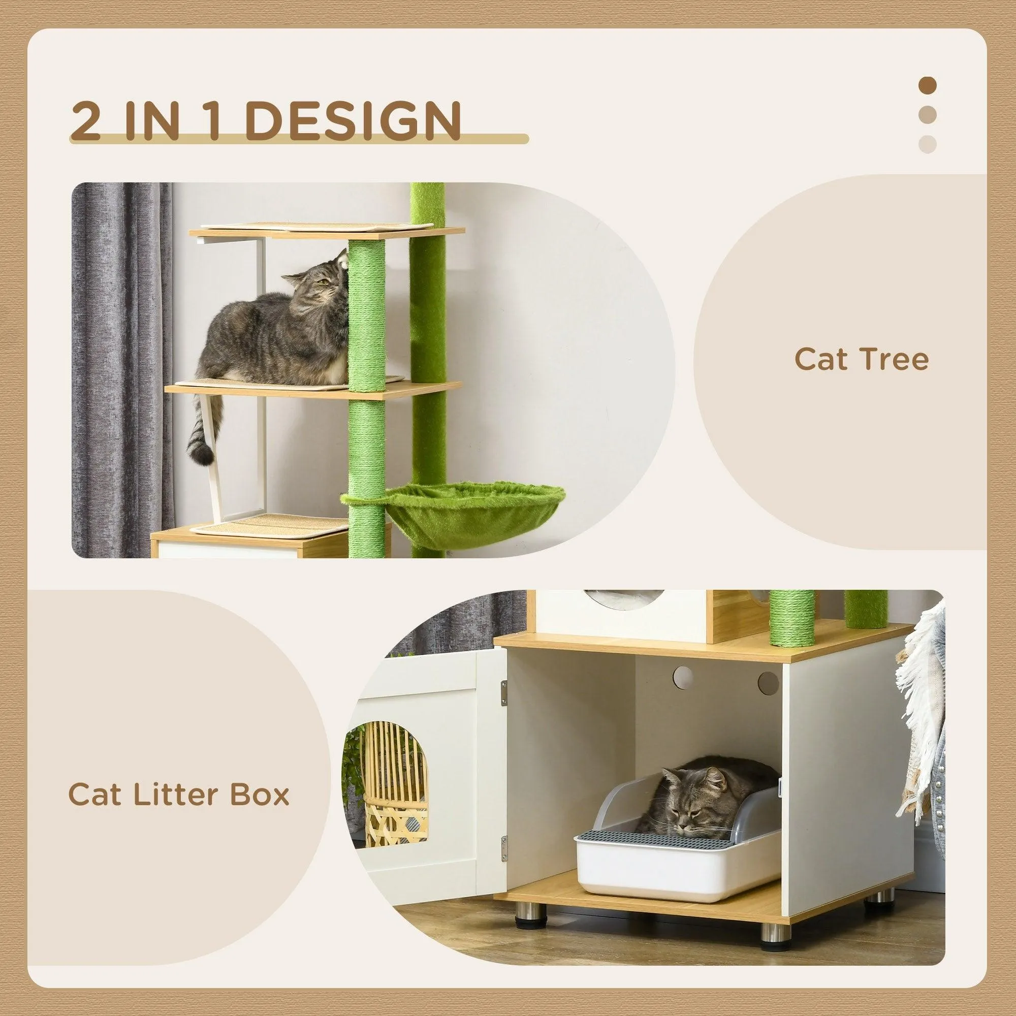 Cat Tree w/ Built-in Litter Box, 176cm - Oak & Green