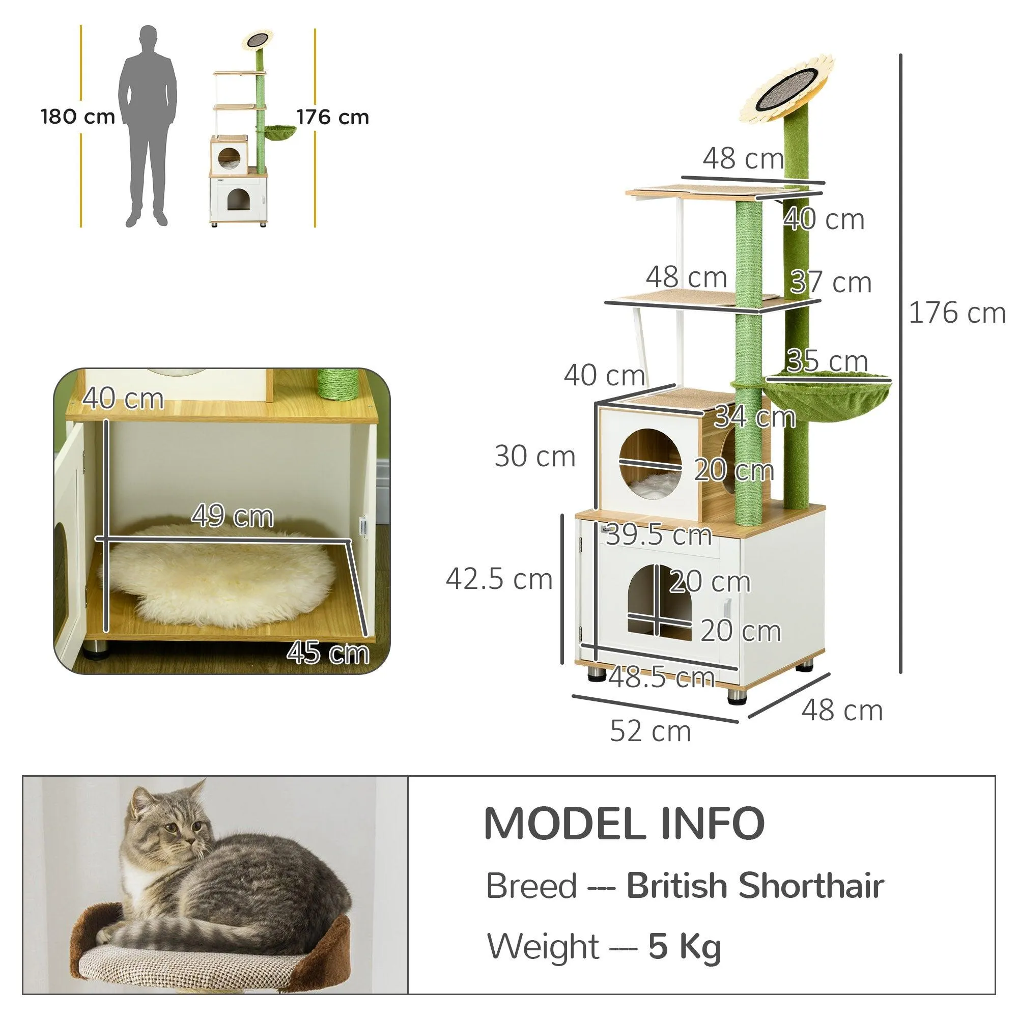 Cat Tree w/ Built-in Litter Box, 176cm - Oak & Green