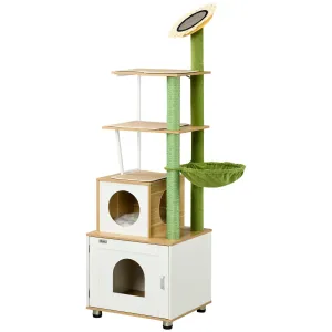 Cat Tree w/ Built-in Litter Box, 176cm - Oak & Green