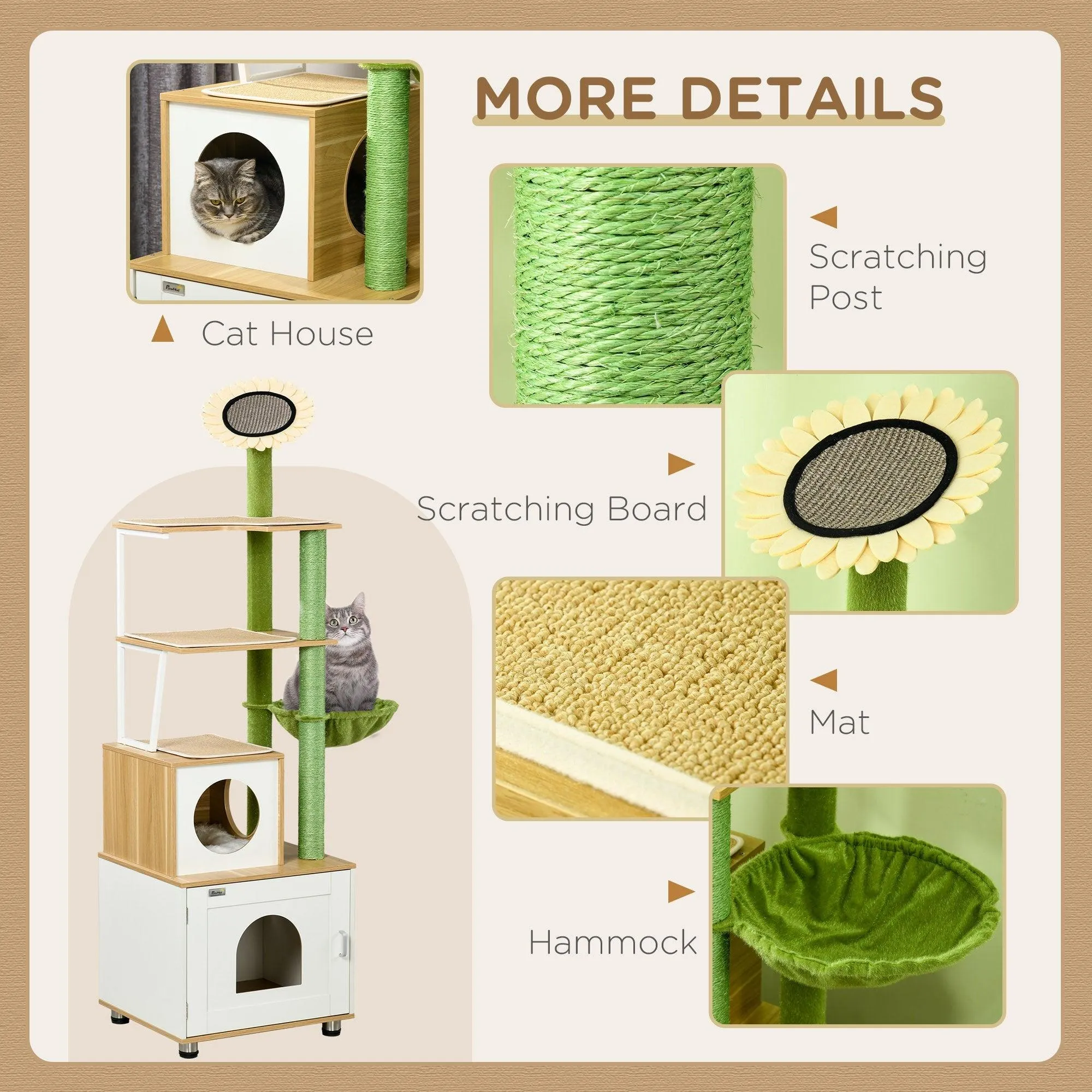 Cat Tree w/ Built-in Litter Box, 176cm - Oak & Green