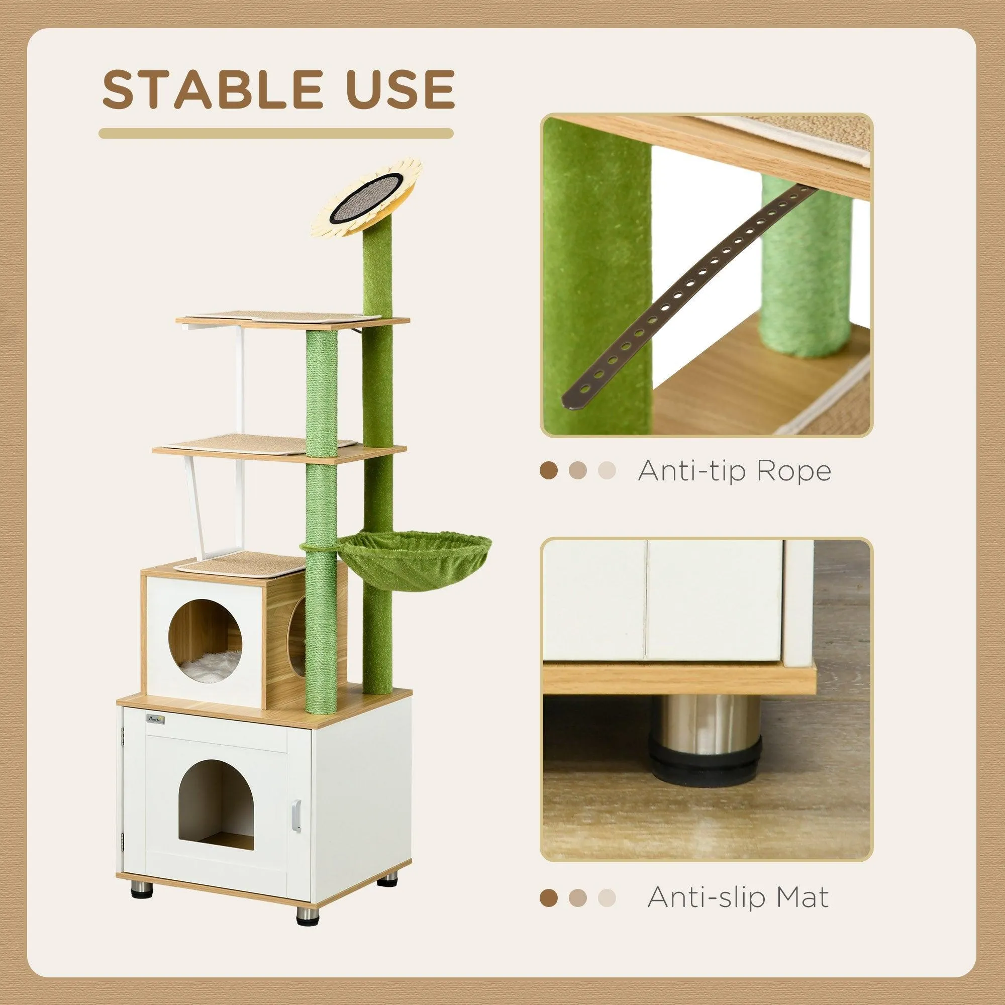Cat Tree w/ Built-in Litter Box, 176cm - Oak & Green