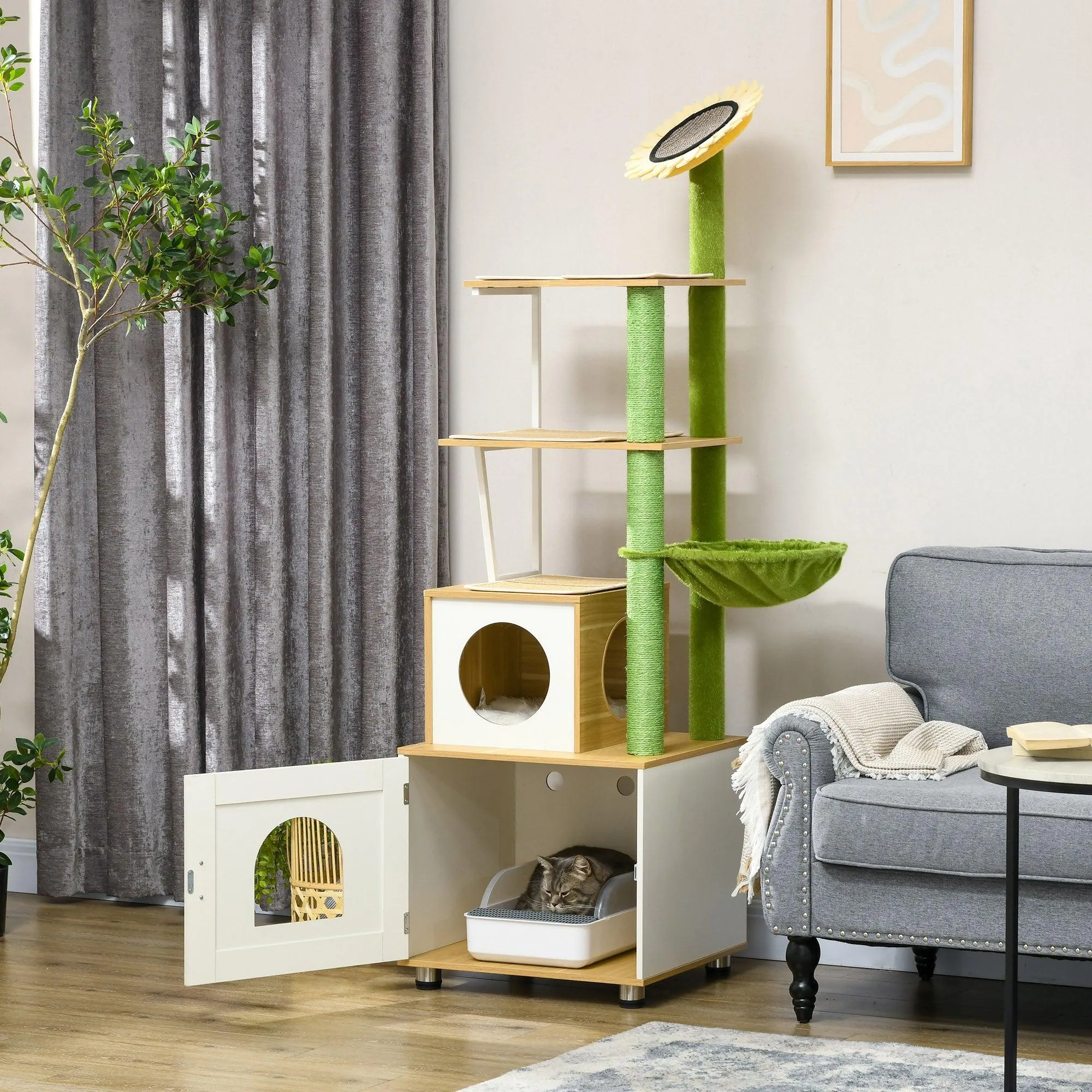 Cat Tree w/ Built-in Litter Box, 176cm - Oak & Green