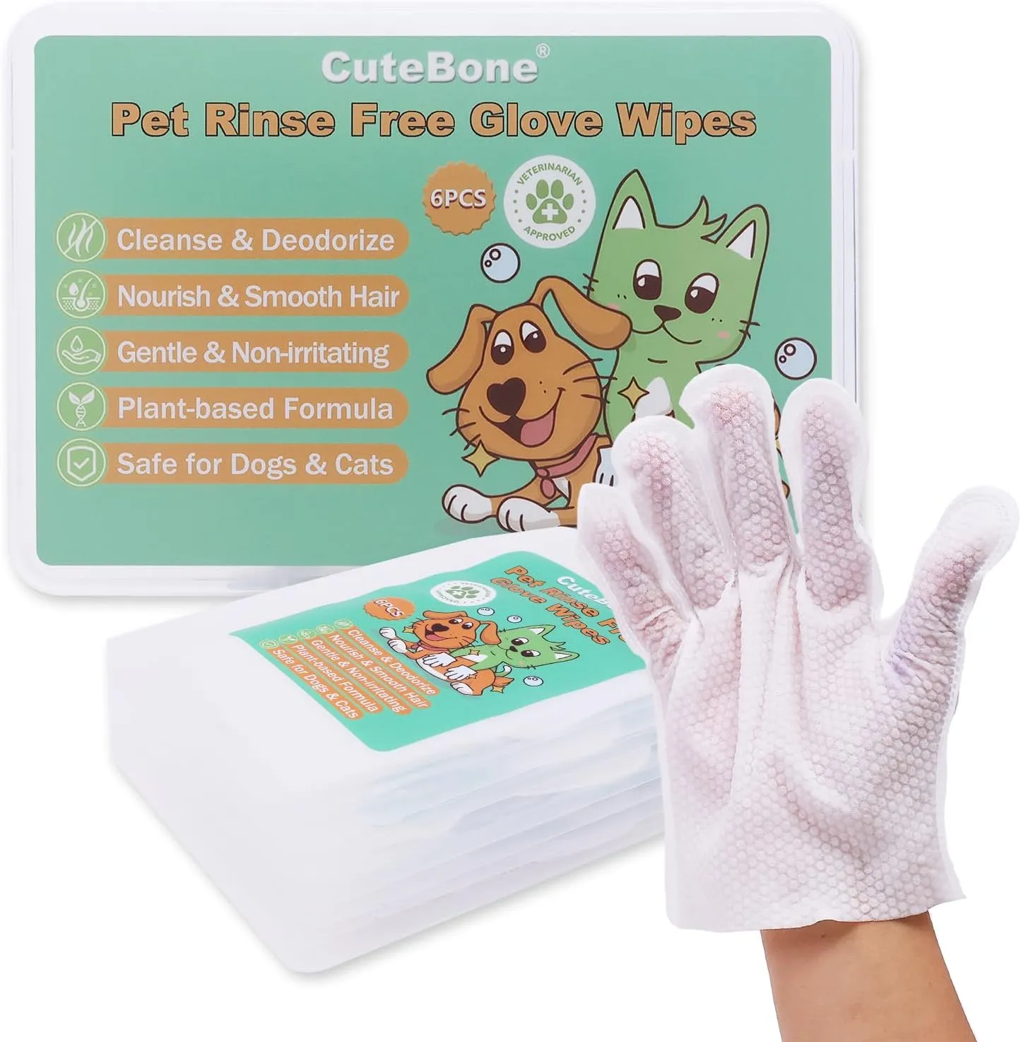 CuteBone Pet Glove Wipes - Dual-Sided Grooming Gloves with Wipes, Gentle and Effective Cleaning for Dogs, Removes Dirt, Fur, and Dander, Convenient and Mess-Free Grooming Solution, 6 Count