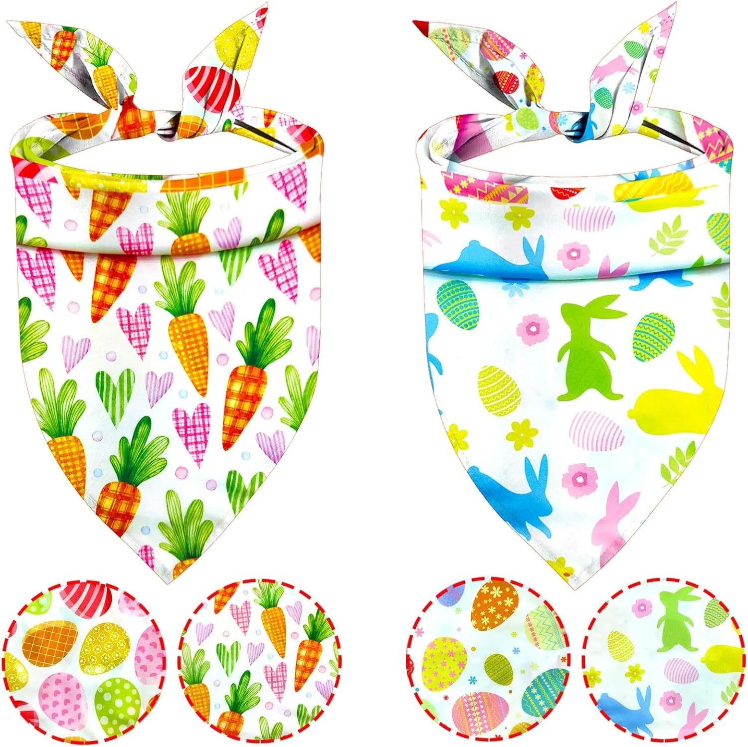 Easter Dog Bandanas 2 Pack, Colorful Bunnies Eggs Pet Scarf for Boy and Girl Reversible Easter Spring Outfits Triangle Scarves Holiday Bandanas for Large Medium Dogs Cats