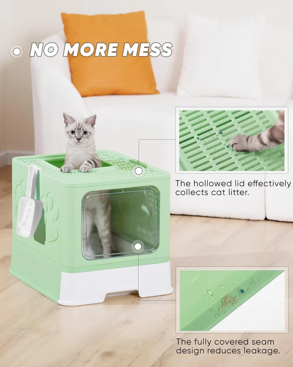 Enclosed Cat Litter Box, Large Litter Box for Big Cats, Covered Kitty Litter Boxes with Lid, Top Entry Cat Box Enclosure with Scoop, Odor Control, Easy to Clean(Green)