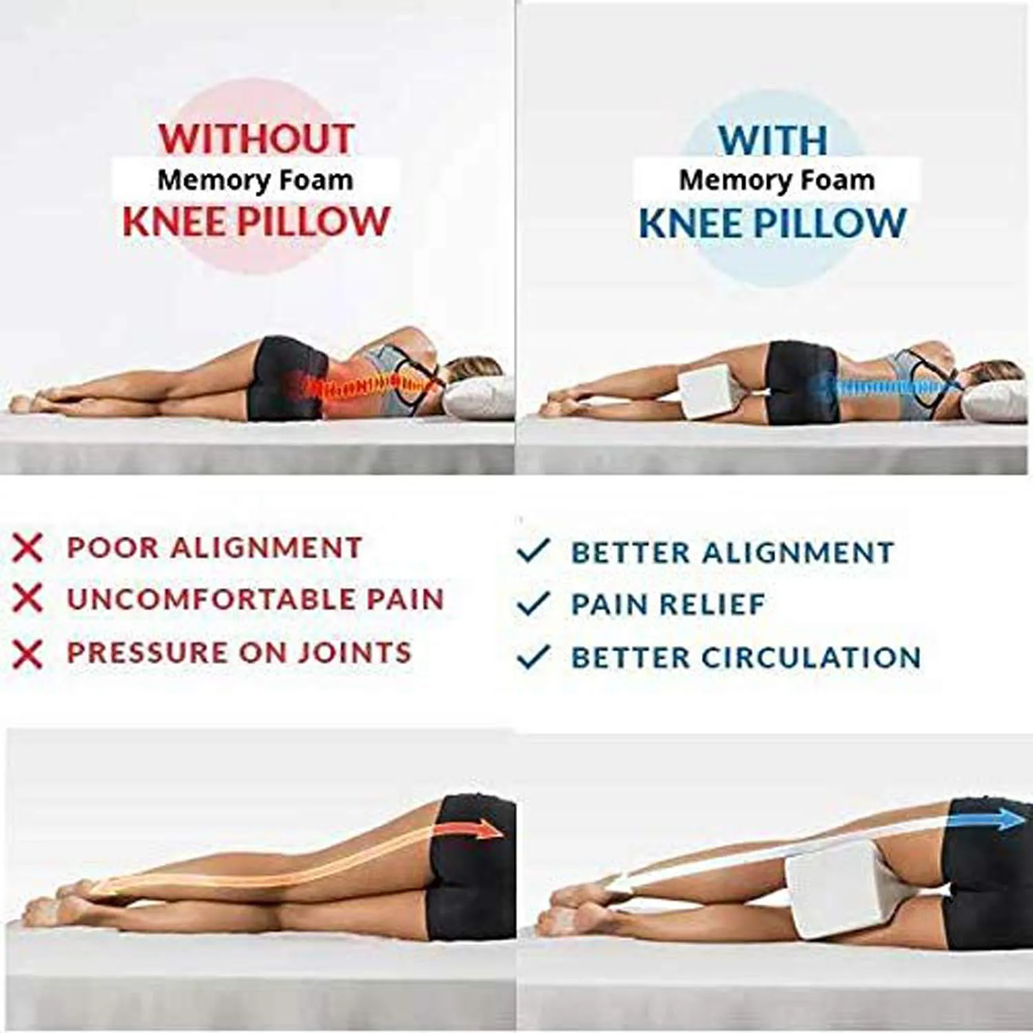 Heart Home Memory Foam Orthopedic Knee Support Leg Rest Pillow for Side Sleepers, for Relief from Sciatica, Back Pain, Leg Pain, Pregnancy, Post Surgery, Hip & Joint Pain (Grey)- HEART157 (HEART0157)