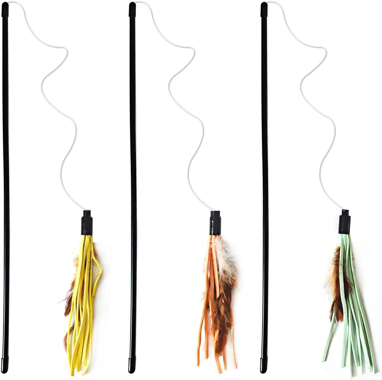 IUHKBH Cat Feather Wands, 3 PCS Elastic Rope Teaser Toys Kitten Wands Interactive Kitty Toys No Noise Cat Stick, Safe for All Breed Sizes