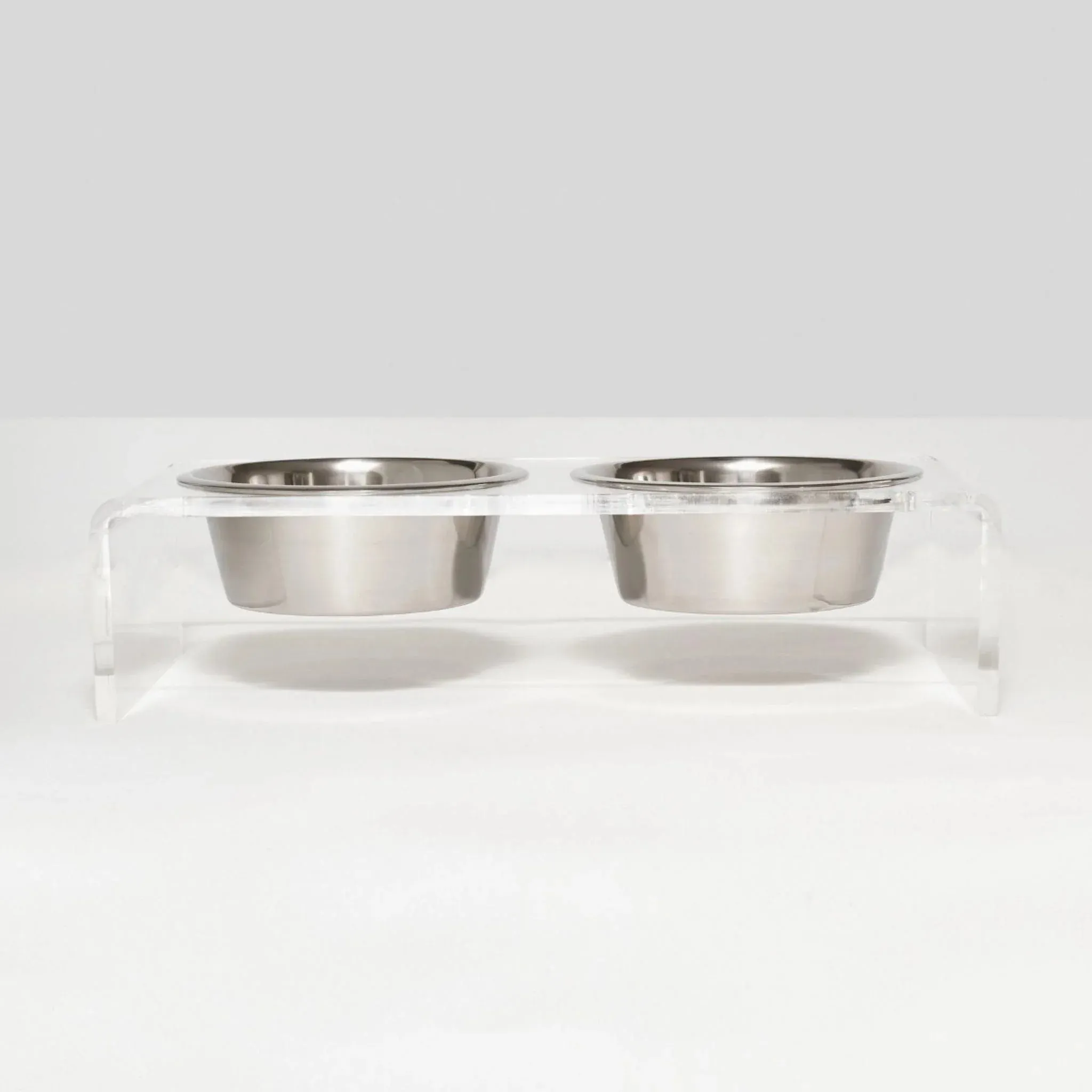 Large Clear Double Dog Bowl Feeder with Silver Bowls - 1 Quart