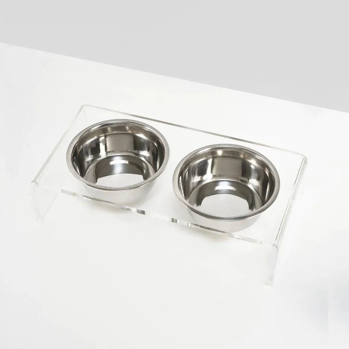 Large Clear Double Dog Bowl Feeder with Silver Bowls - 1 Quart