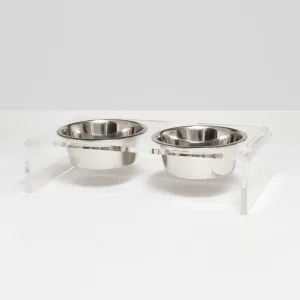 Large Clear Double Dog Bowl Feeder with Silver Bowls - 1 Quart