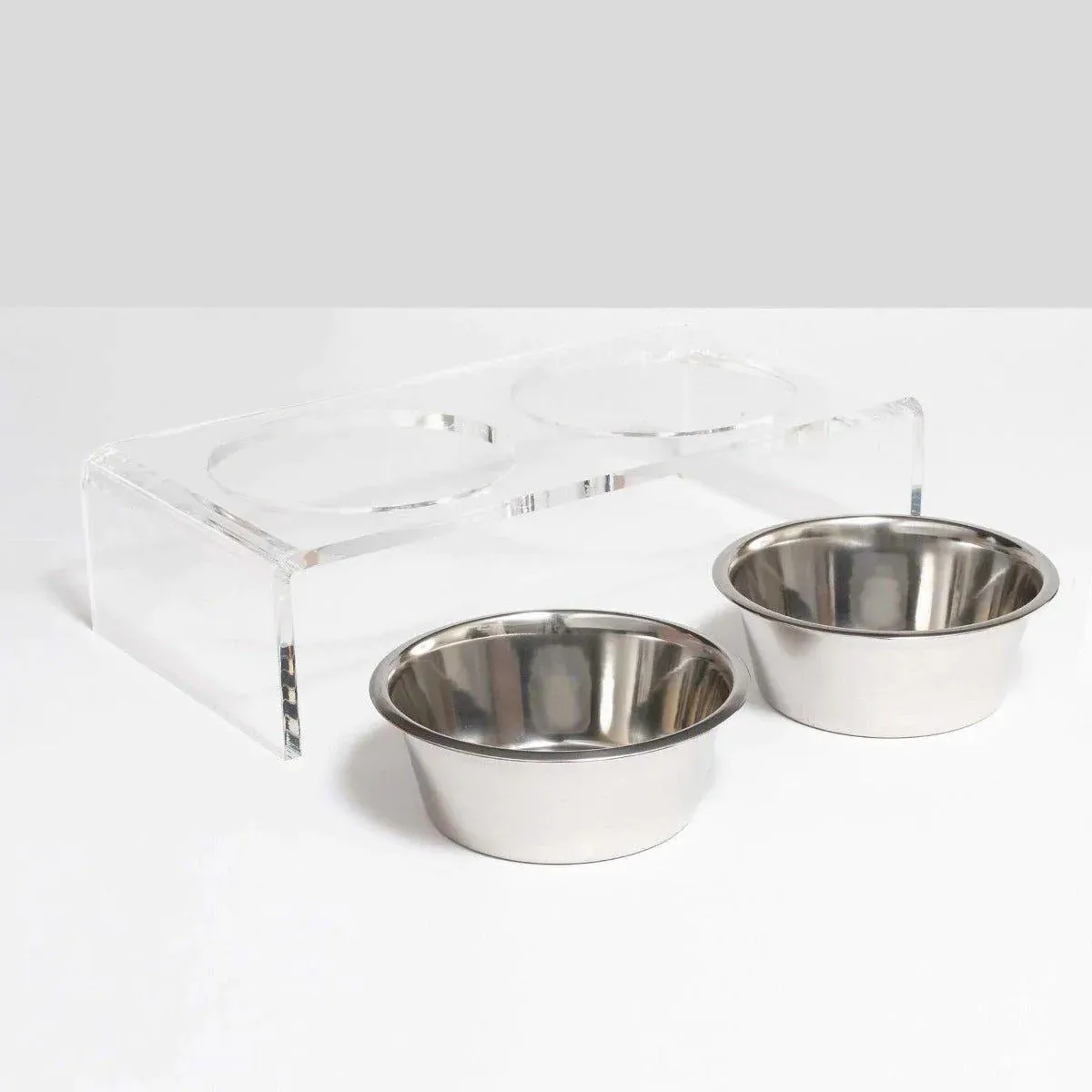 Large Clear Double Dog Bowl Feeder with Silver Bowls - 1 Quart