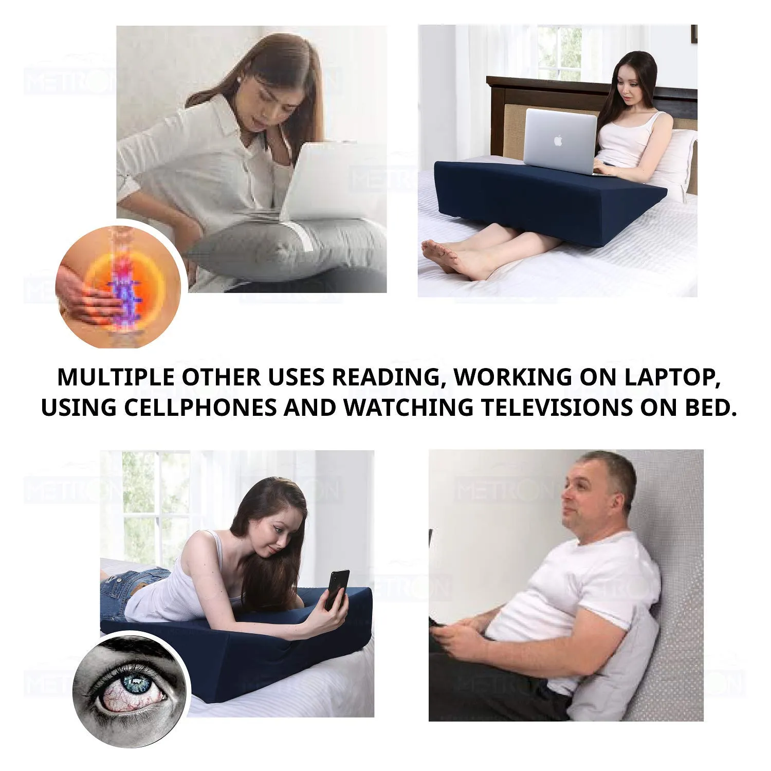 METRON-Gel Memory Foam Bed Wedge Pillow for Acid Re-Flux Sleeping Reading Anti-Snoring Post Surgeries Support Leg Rest Elevation |Comfort Level- Soft Support|Size 28x24x8 Inches(International)