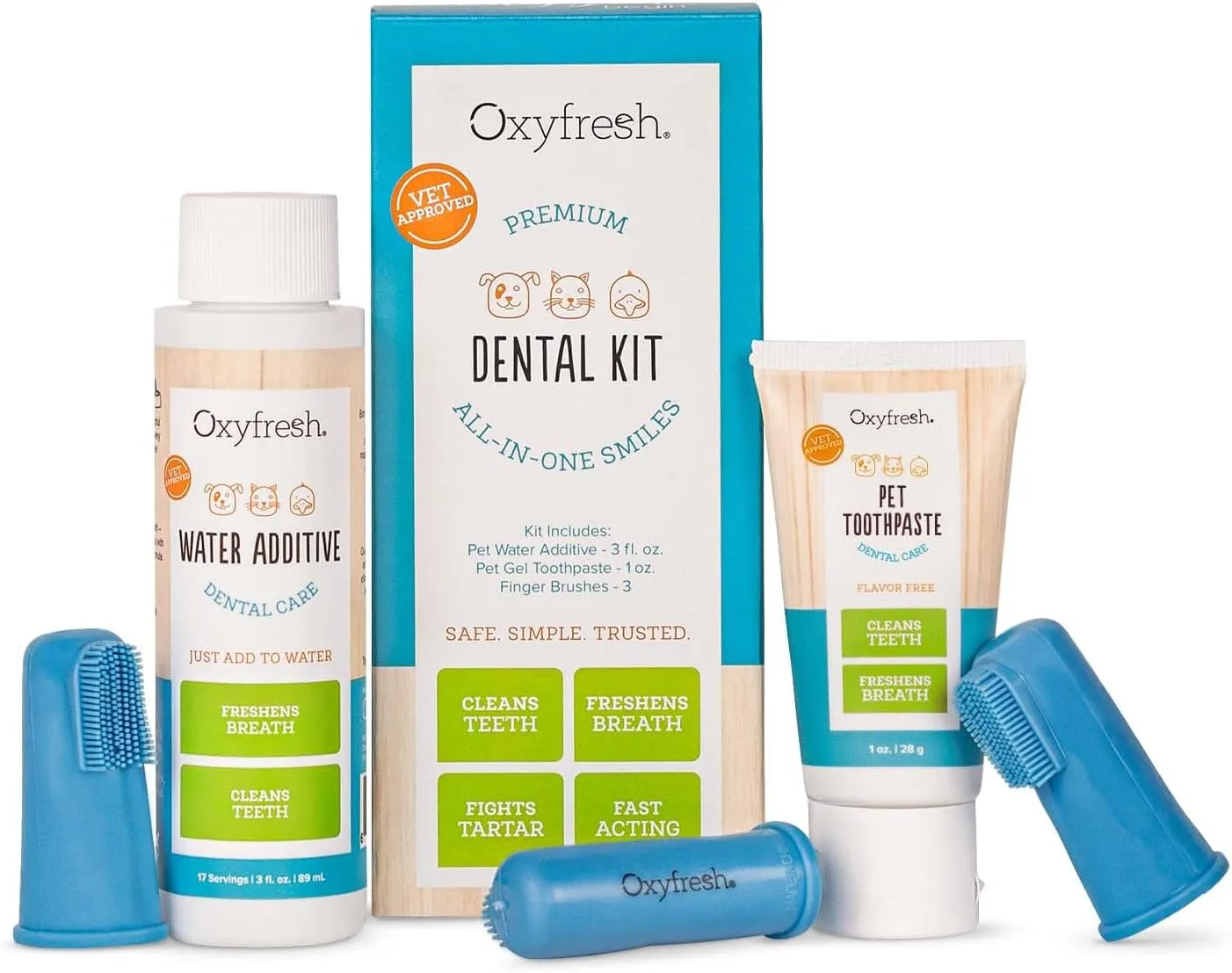 Oxyfresh Premium Pet Dental Kit for Dogs & Cats  Easy Solution for Fresh Breath, Clean Teeth, Control Plaque & Tartar  Vet Formulated Pet Toothpaste 1oz   Water Additive 3oz   3 LG Brushes Kit