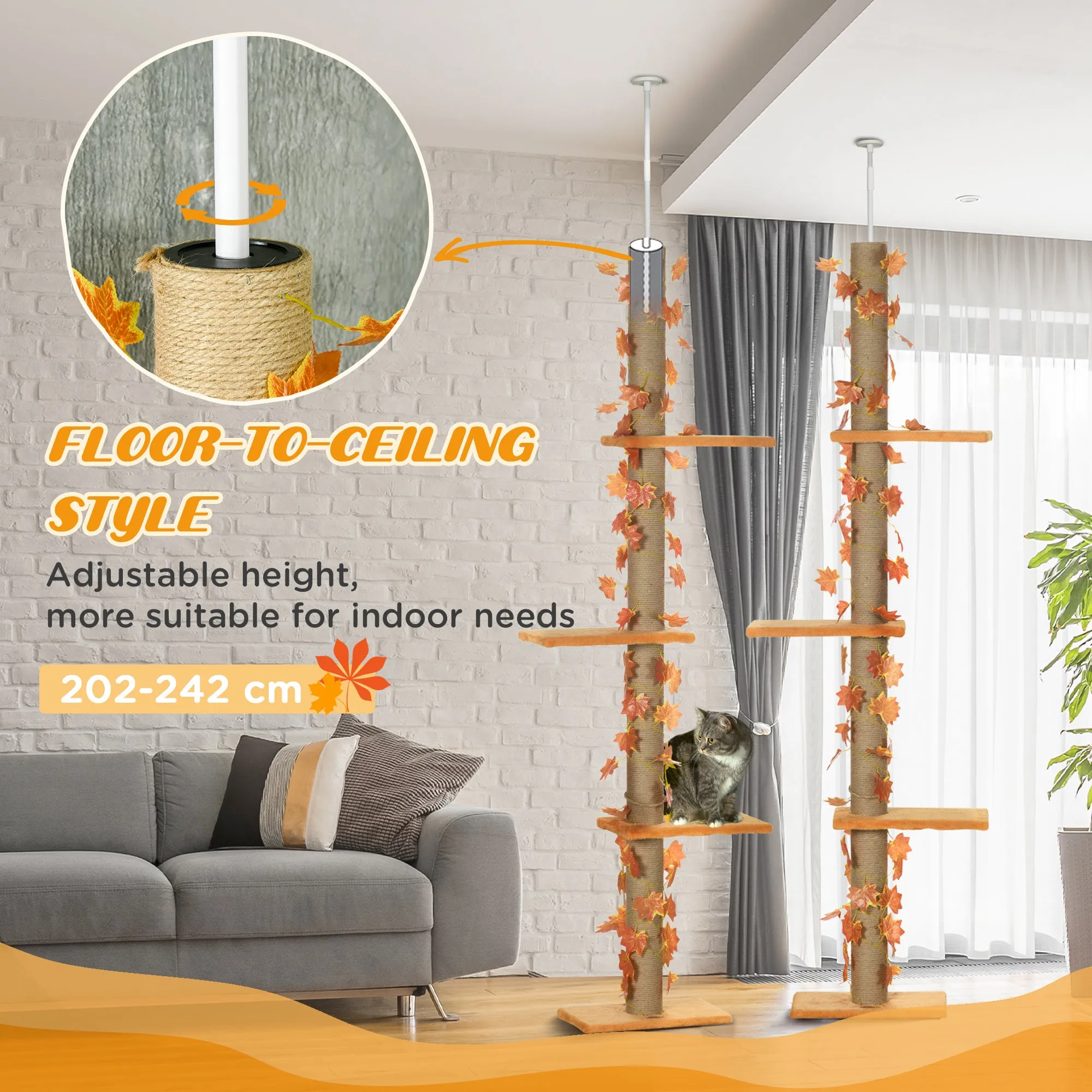 PawHut 242cm Adjustable Floor-To-Ceiling Cat Tower w/ Anti-Slip Kit - Orange