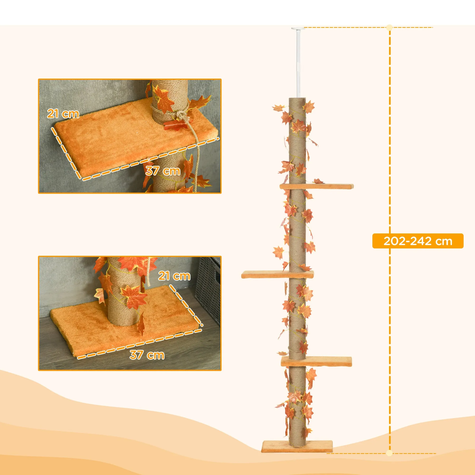 PawHut 242cm Adjustable Floor-To-Ceiling Cat Tower w/ Anti-Slip Kit - Orange