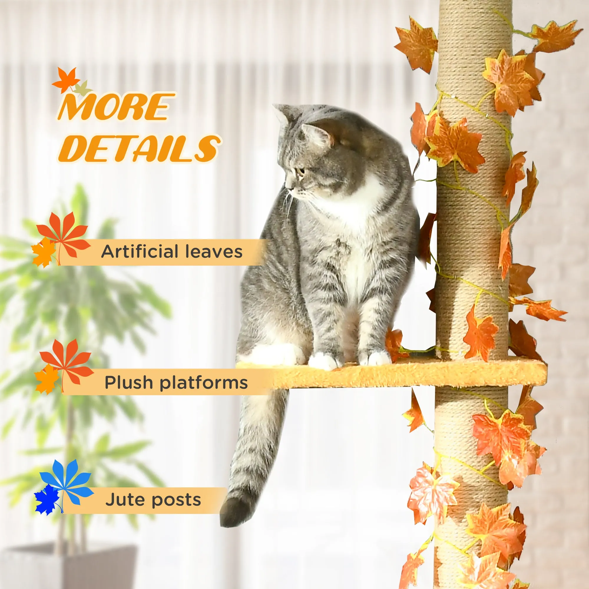 PawHut 242cm Adjustable Floor-To-Ceiling Cat Tower w/ Anti-Slip Kit - Orange