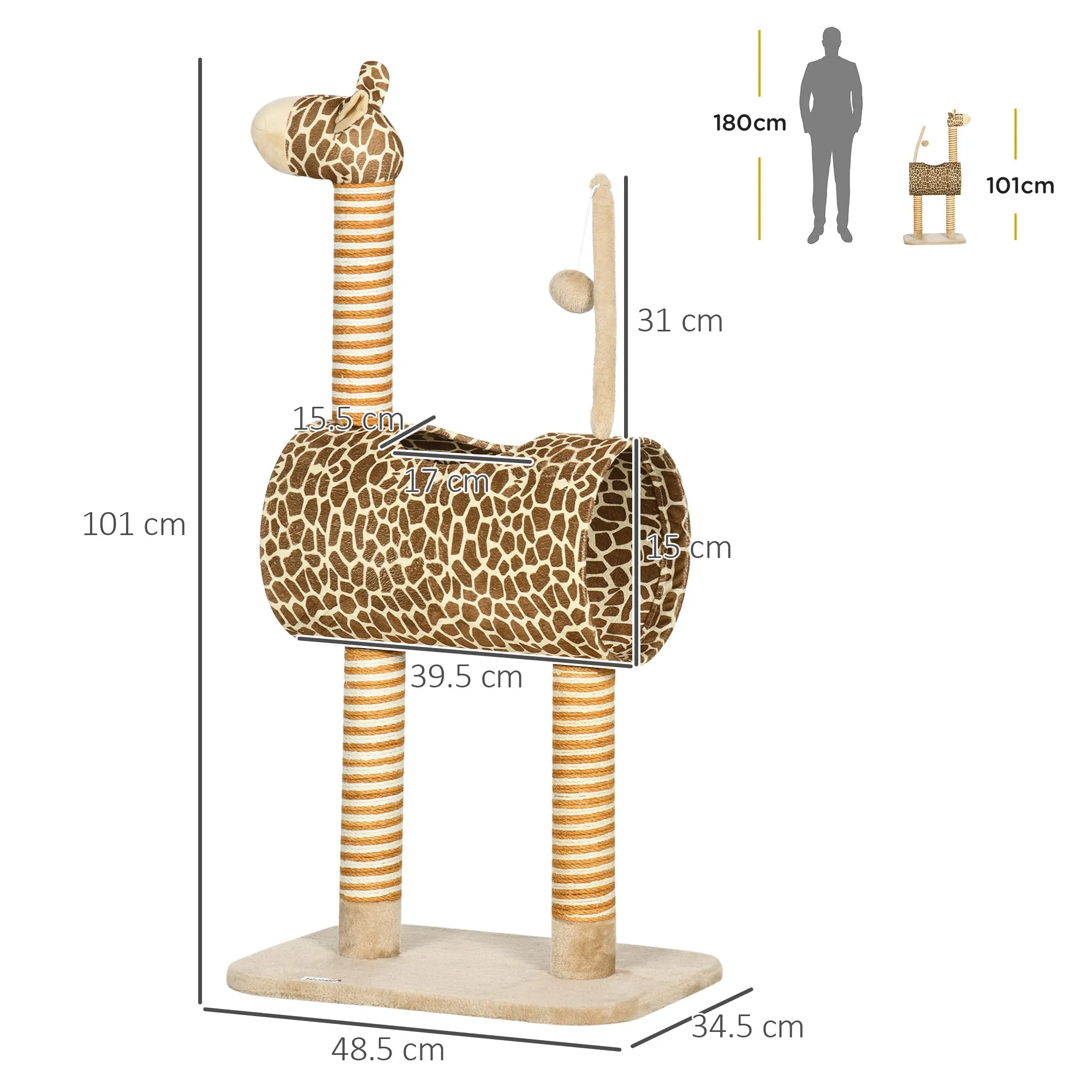 PawHut Cat Tree Cute Giraffe Kitten Play Tower w/ Scratching Posts, Tunnel, Ball