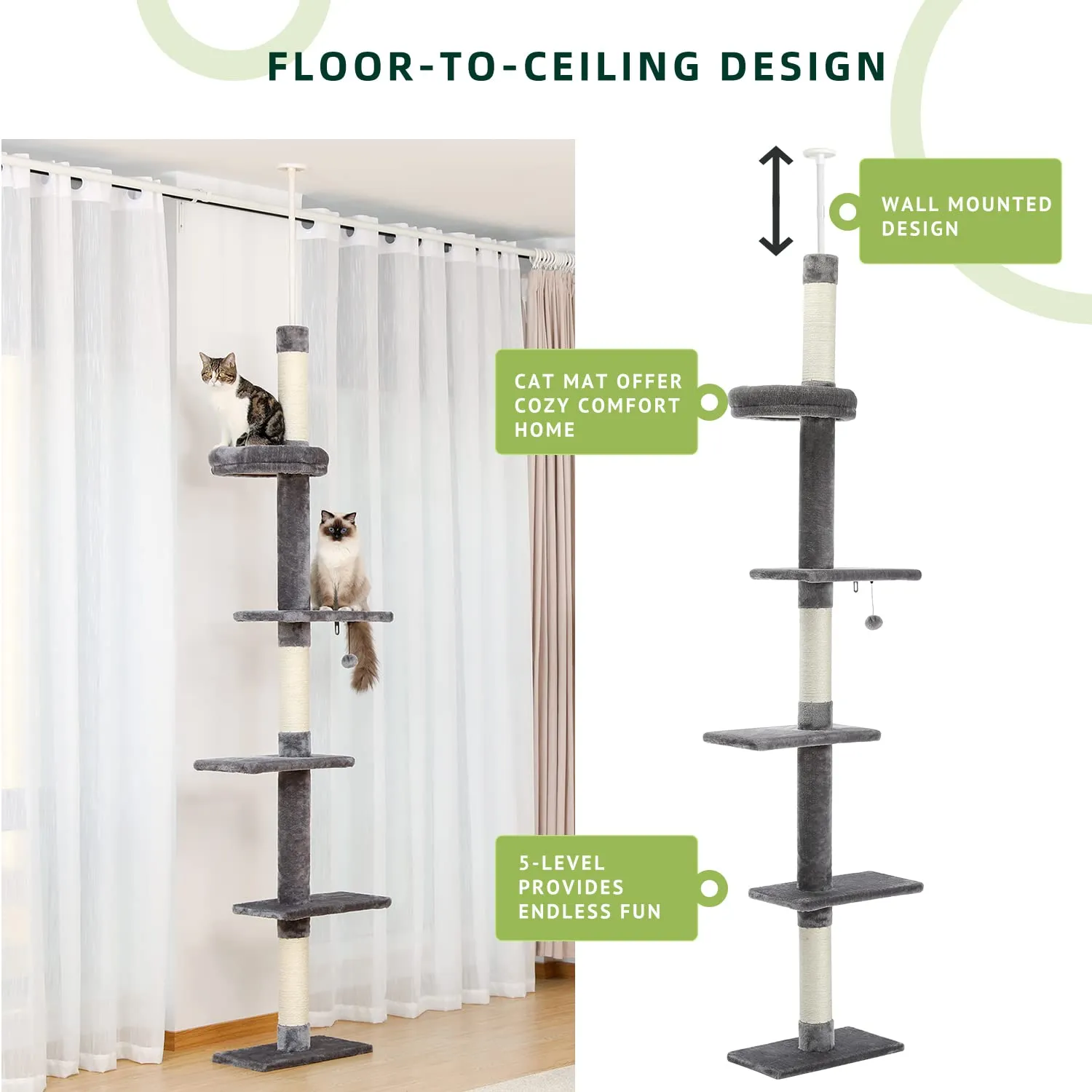 PAWZ Road Interactive Adjustable 5-Tier Floor to Ceiling Cat Tower