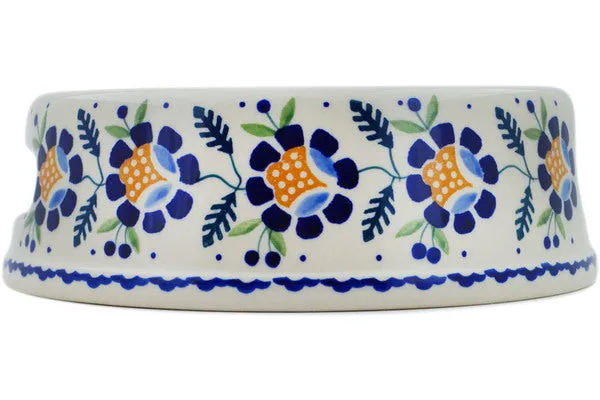 Polish Pottery 8" Pet Bowl Orange And Blue Flower