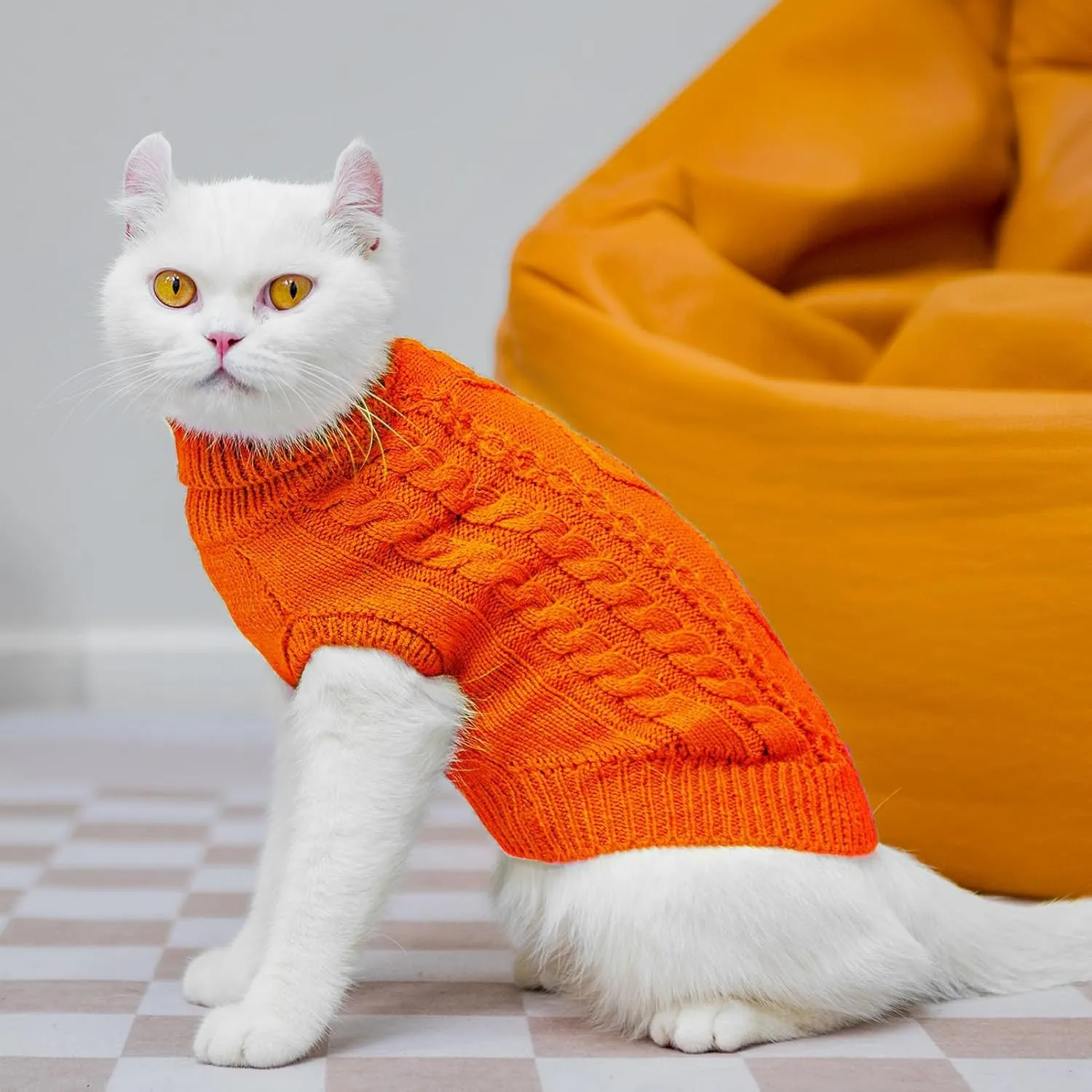 PUPTECK Winter Cat Sweater Coat - Soft Warm Cold Weather Clothes Knitwear for Kittens & Small Dogs Indoor Outdoor Wearing, Knitted Classic for Doggies Kitties Girls Boys, Orange, M