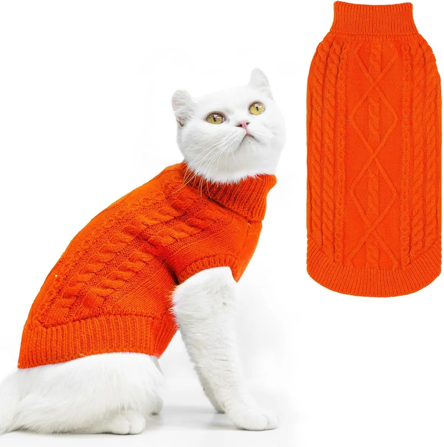PUPTECK Winter Cat Sweater Coat - Soft Warm Cold Weather Clothes Knitwear for Kittens & Small Dogs Indoor Outdoor Wearing, Knitted Classic for Doggies Kitties Girls Boys, Orange, M
