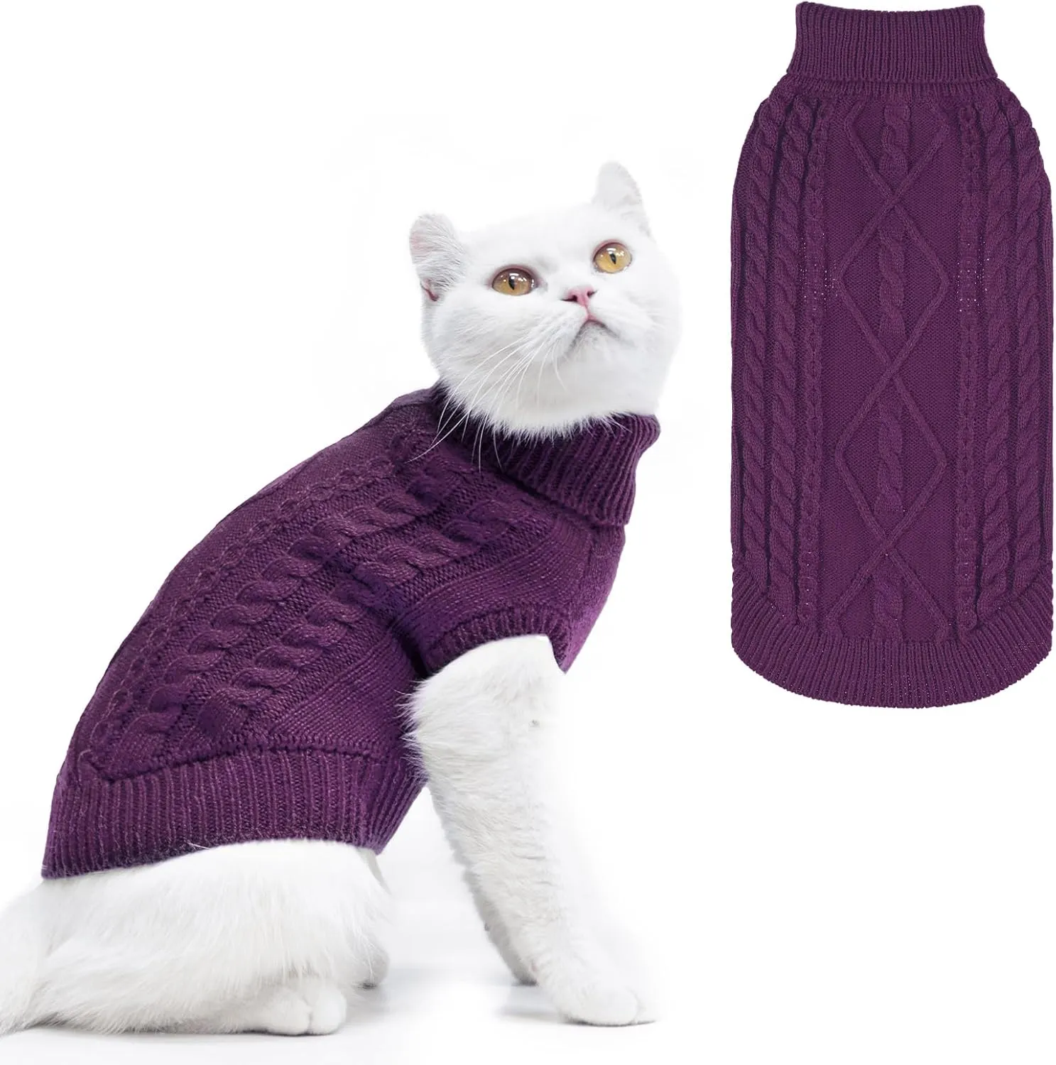 PUPTECK Winter Cat Sweater Coat - Soft Warm Cold Weather Clothes Knitwear for Kittens & Small Dogs Indoor Outdoor Wearing, Knitted Classic for Doggies Kitties Girls Boys, Purple, M