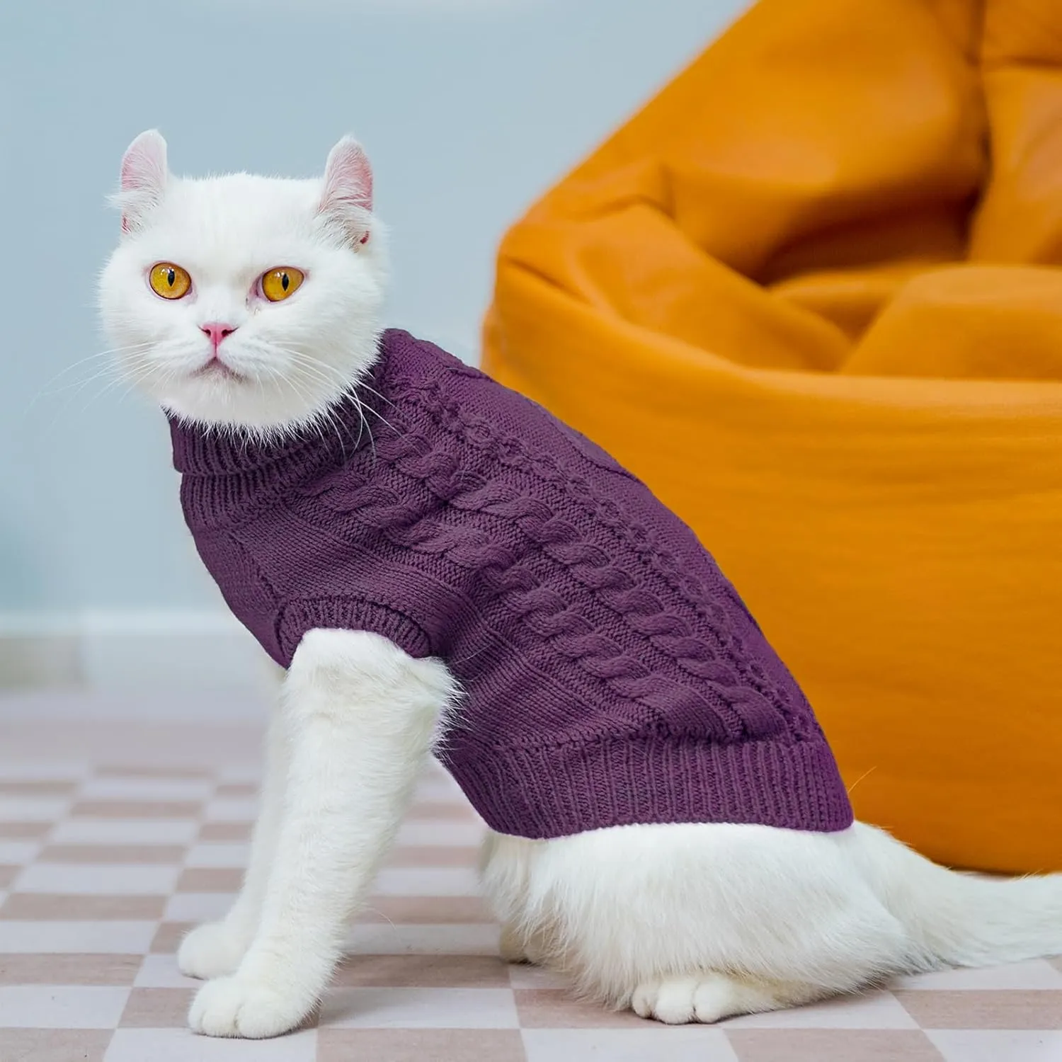 PUPTECK Winter Cat Sweater Coat - Soft Warm Cold Weather Clothes Knitwear for Kittens & Small Dogs Indoor Outdoor Wearing, Knitted Classic for Doggies Kitties Girls Boys, Purple, M