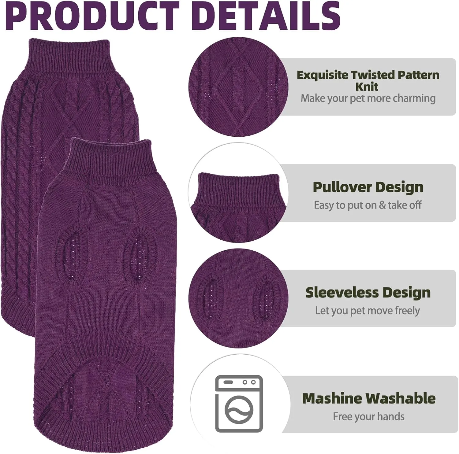 PUPTECK Winter Cat Sweater Coat - Soft Warm Cold Weather Clothes Knitwear for Kittens & Small Dogs Indoor Outdoor Wearing, Knitted Classic for Doggies Kitties Girls Boys, Purple, M