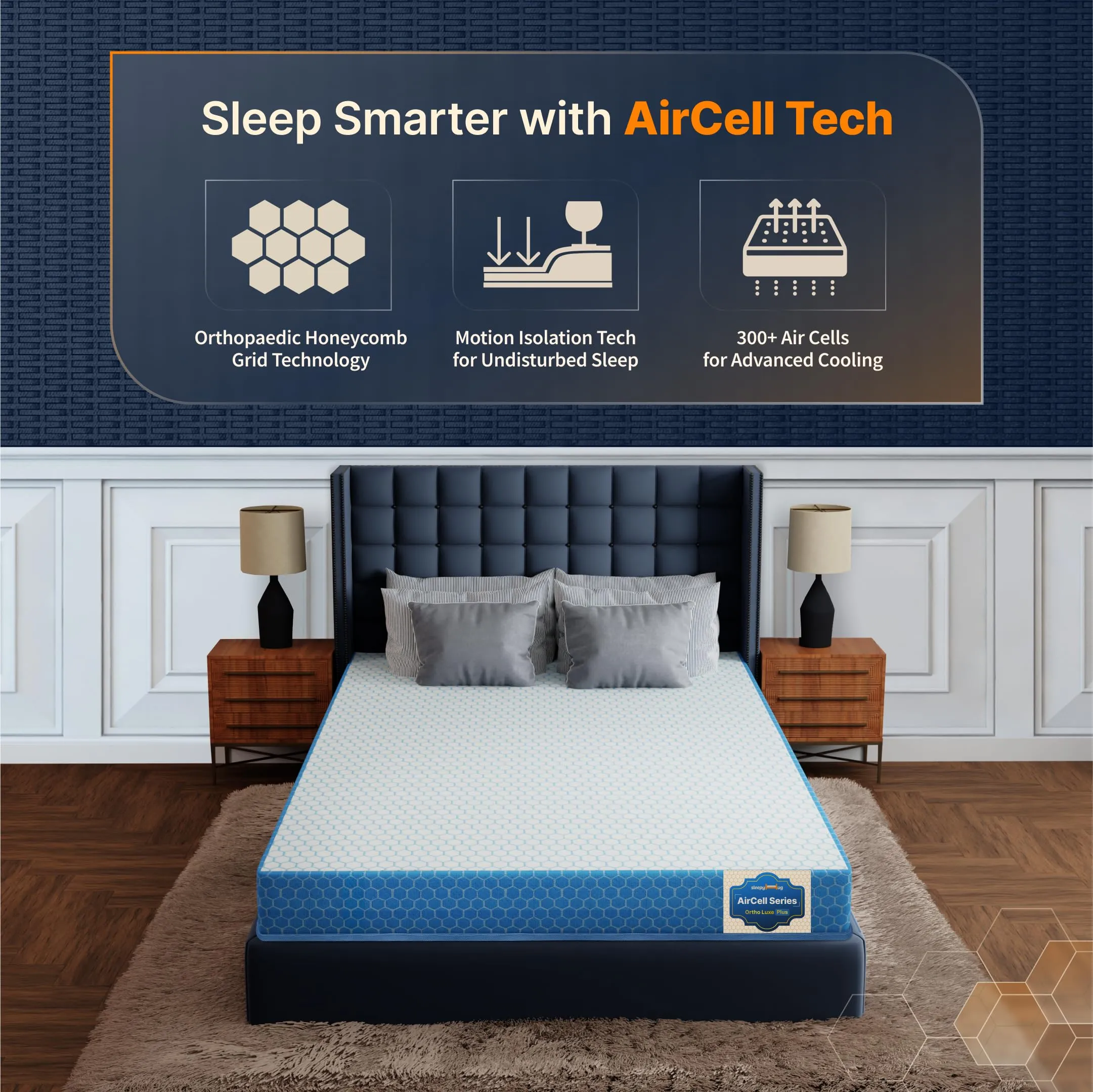 SleepyHug AirCell Ortho Luxe Plus 6 inch Orthopedic Mattress, CoolFlow Memory Foam Mattress with Honeycomb Grid Perfect for Queen size Bed, for Back Pain Relief Firm yet Soft Removable Cover (75x60x6)