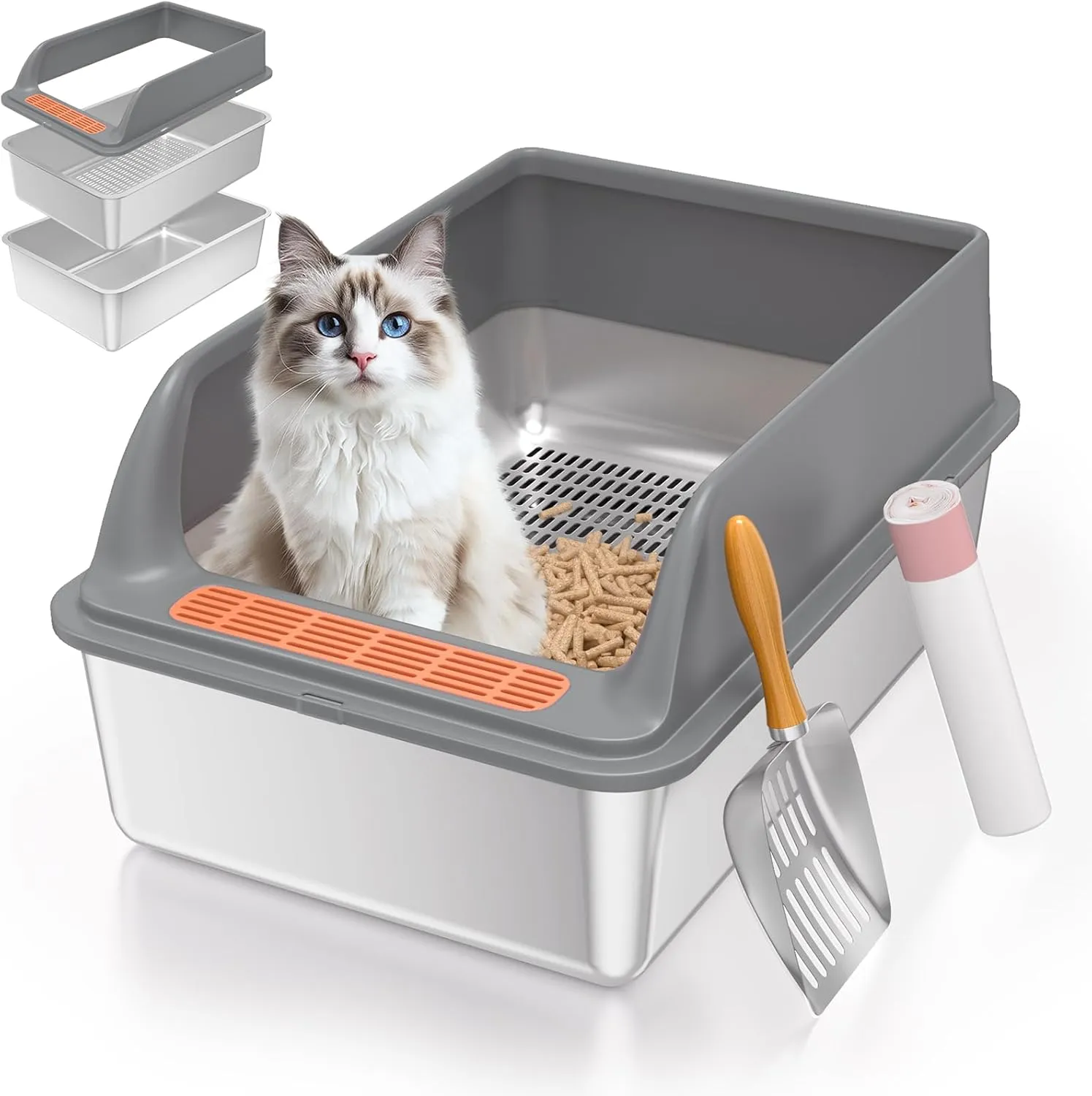 Stainless Steel Sifting Litter Box with Lid, Medium Sifting Cat Litter Box for Pine Pellets & Small Cats, Metal Pellet Sifter Litter Pan System for Odor Control, Sifting Cat Box Liners & Scoop